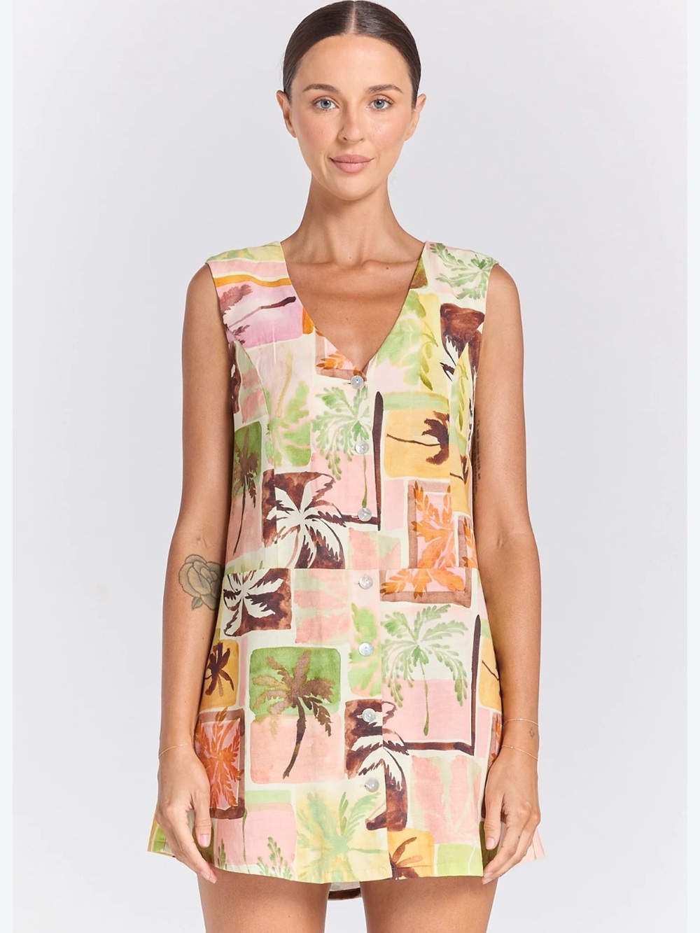 Tropical Palm-Print Sleeveless Swim Cover-Up in Pink & Green
